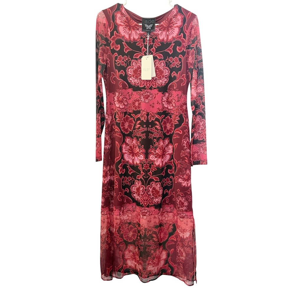 Johnny Was Jade Tulus Mesh Midi Dress Scilla Floral Silk Blend Red Pink Large